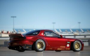 マツダ RX-7 R1 ロケットバニー 1993年 レッド 絵画風 壁紙ポスター ワイド版603×376mm（はがせるシール式）011W2