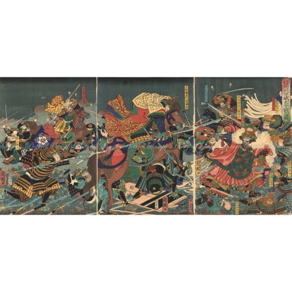 [Full-size version] Utagawa Kunitsuna Illustration of the Great Battle of Shinshu Kawanakajima Large Nishiki-e Triptych 1864 Wallpaper Poster 603mm x 284mm Peelable Sticker 006S2, painting, Ukiyo-e, print, warrior picture