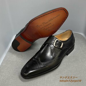 定価7万◆ビジネスシューズ 最高級 メンズシューズ 新品 レザーシューズ 本革 モンクストラップ 超希少 職人手作り 牛革 革靴 黒 28.5cm