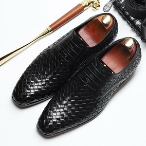 新品 ビジネスシューズ 本革 レザーシューズ 職人手作り 牛革 編み込み 高級トップレイヤー 紳士靴 レースアップ 黒 25.5cm