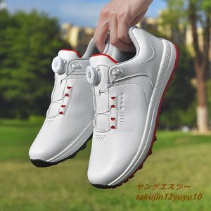 高級品 ゴルフシューズ 新品 ダイヤル式 運動靴 メンズ 幅広い フィット感 軽量 スポーツシューズ 防水 防滑 耐磨 弾力性 白/赤 28.5cm