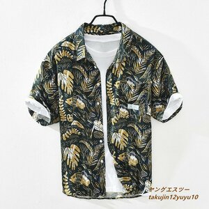 アロハシャツ 新品 半袖シャツ 麻100% リネンシャツ メンズシャツ サマーシャツ 個性 花柄ヴィンテージ 薄手 ハワイアン 心地良し 緑系 2XL