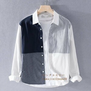 超美品★長袖シャツ 新品 メンズシャツ 切替 ワイシャツ 紳士 Tシャツ ストライプ柄 レギュラーシャツ 微ストレッチ性スリム 細身 白系 2XL