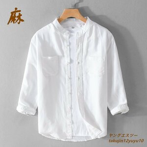 極美品★リネンシャツ 七分袖シャツ 立ち襟 Ｔシャツ 半袖シャツ 夏新品 綿麻 メンズシャツ ヴィンテージ 薄手ワイシャツ 心地良し 白 3XL