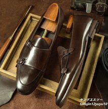 極美品★ビジネスシューズ メンズ イタリア 高級 牛革 レザーシューズ 職人手作り モンクストラップ 紳士靴 フォーマル 革靴 珈琲色 27.0cm_画像2