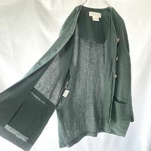 リネン100% ダークグリーン　ノーカラー シャツジャケット　vintage長袖_画像9