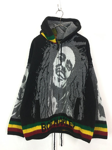 古着 90s エクアドル製 BOB MARLEY レゲエ ラスタ シャギー ニット フーディ パーカー ジャケット L