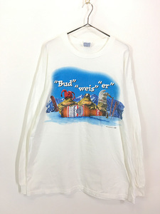 古着 90s Budweiser バドワイザー レアパターン!! カエル ビール 企業 長袖 Tシャツ ロンT 白 XL