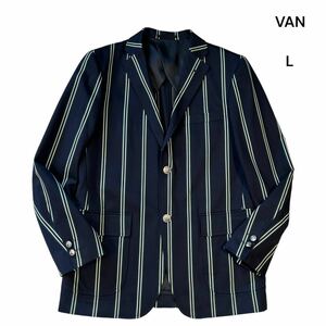 【美品】VAN JACKET ヴァンヂャケット スクールジャケット テーラード ブレザー ストライプ L メタルボタン 紺 緑 灰色 アイビー トラッド