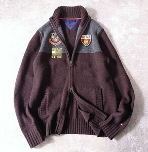 TOMMY HILFIGER トミーヒルフィガー プレミアム ラムウール フルジップニット ワッペン エルボーパッチ セーター 2wayジップ (S) o-644