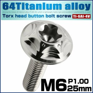 チタンボルト M6×25mm P1.0 ボタンボルト スノーヘッド ホール デザインボルト トルクス穴 シルバー JA1382