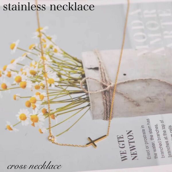 ステンレスネックレス　stainless necklace シンプル　十字架ネックレス　ゴールド