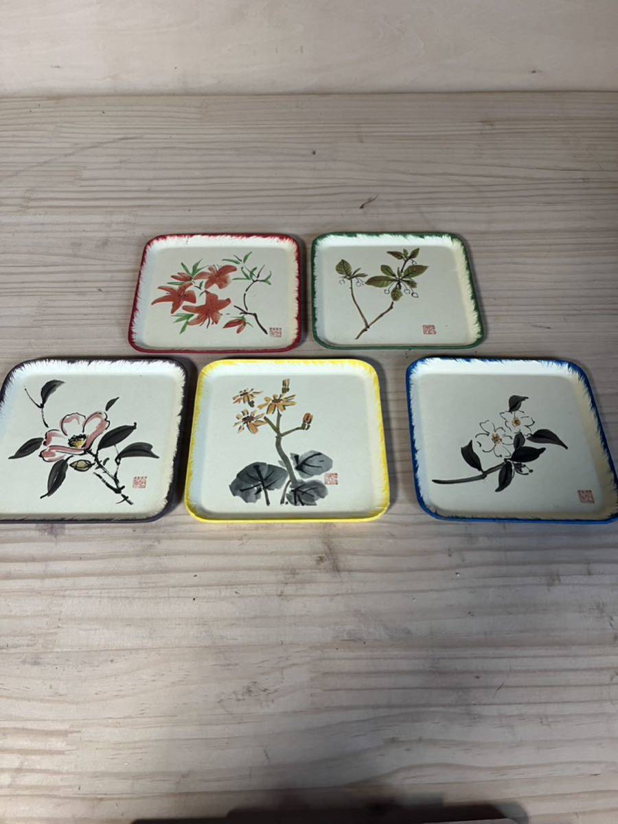 【琉球漆器　盛皿/銘々皿/茶托セット】天然木製　堆錦\"ゆうな柄　未使用品 琉球漆器 盛皿/銘々皿/茶托セット】天然木製 堆錦