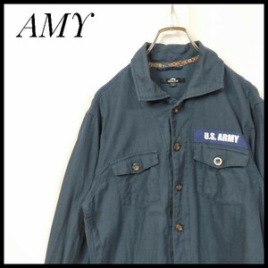 エイミー　長袖シャツ　ＵＳアーミー　ARMYロゴ　軍隊　刺繍ロゴ　無地　ゆるだぼ　ワンポイント　両側ポケット　ビッグサイズ　濃紺色
