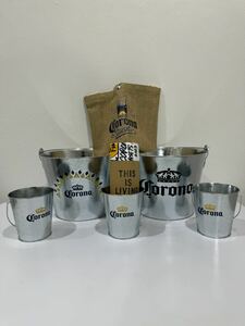 コロナビール　限定ノベルティグッズ　7点セット　　未使用品　(栓抜き付きバケツx2 ミニバケツx3 サコッシュ1 Tシャツx1 Lサイズ )