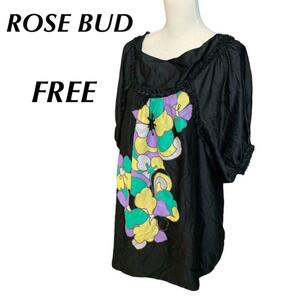 YT0342 100円スタート♪ ROSE BUD ローズバッド フラワープリント チュニックワンピース サイズF フリル パフスリーブ 花柄