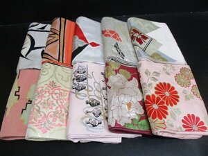 中古 名古屋帯 リメイク 絹 化繊 縮緬 刺繍 大量 まとめて10点 アンティーク お太鼓柄 材料 素材 古布 お稽古 初心者【夢職】☆☆