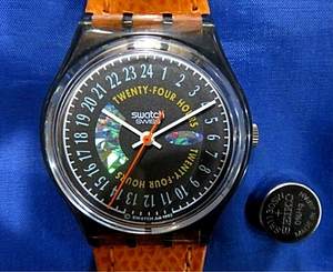 新品&貴重24時間表示時計 スイスSwatchスウォッチ 24時間時計/新品電池/防水/革巻き腕時計トーチカ軍用時計/コンパス方位磁石/太陽の日時計