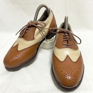 [ condition 0] made in Japan leather golf shoes spike Wing chip saddle shoes two-tone leather shoes 23.0cm