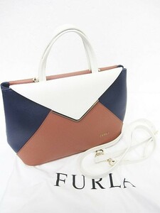 【未使用】FURLA フルラ 2WAY ハンドバッグ ショルダー 白 ネイビー 茶系 ■管理番号L27352YER-231009-1K