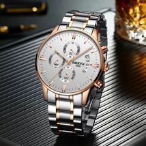 海外人気ブランド NIBOSI ローズ×ホワイト メンズ 高品質腕時計 クロノグラフ 防水 ステンレスバンド_画像1