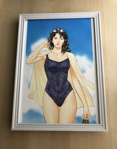 kj ★額装品★ 北条司 セクシー 水着 貴重イラスト A4サイズ額入り ポスター風デザイン シティーハンター キャッツアイ 漫画 美人画