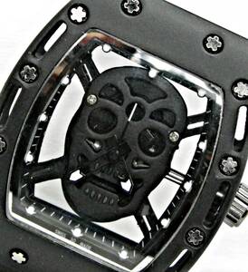 新品電池交換済 ドクロ メンズ アナログ 腕時計 クォーツ 黒 黒ベルト ブラック スカル レア オマージュ スケルトン オールブラック