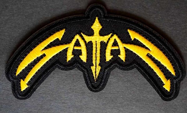 黒黄ST蝙蝠■英語ロゴ◆新品　英国　セイタン Satan　イギリス　ヘヴィメタル・バンド刺繍ワッペン激渋■音楽■バイク サバゲー ミリタリー