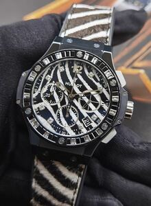 中古美品 箱あり ウブロ HUBLOT ビッグバン ゼブラブラック ベゼルバケットダイヤ 世界限定250 341.CV.7517.VR.1975 クロノグラフ メンズ