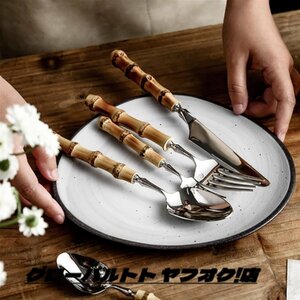 新品入荷！食器セット15個 クリエイティブナチュラルバンブーハンドルステンレススチールスプーンカトラリーセットスプーンデ 食器