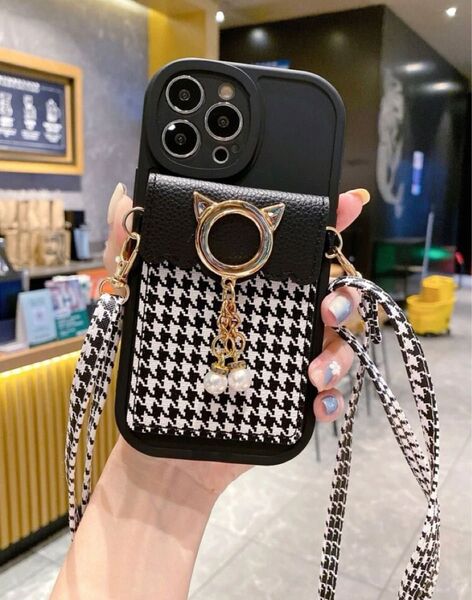 iphone14pro ケース カバー 千鳥柄 ブラック