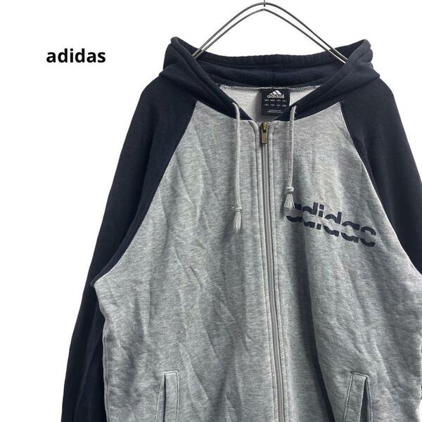 adidas パーカー ロゴプリント グレー×紺 メンズLb13