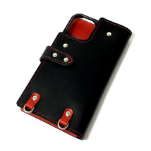 手帳型ケース iPhone 14 用 ハードカバー レザー スマホ スマホケース スマホショルダー 携帯 革 本革 ブラック レッド_画像3