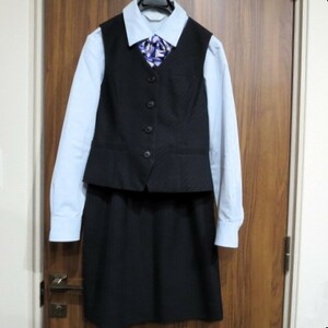 【中古】7号 事務服 ベスト タイトスカート オフィス OL制服 上下セット ストライプ 濃紺 UNILADY（ユニレディ）送料230円♪