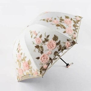 刺繍　折りたたみ傘　レース　花柄　薔薇　高級　晴雨兼用　日傘　プレゼントにも