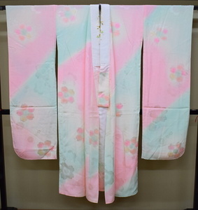 A53-6 быстрое решение б/у товар натуральный шелк кимоно с длинными рукавами для длинное нижнее кимоно розовый зеленый наклонный bokashi Sakura .68