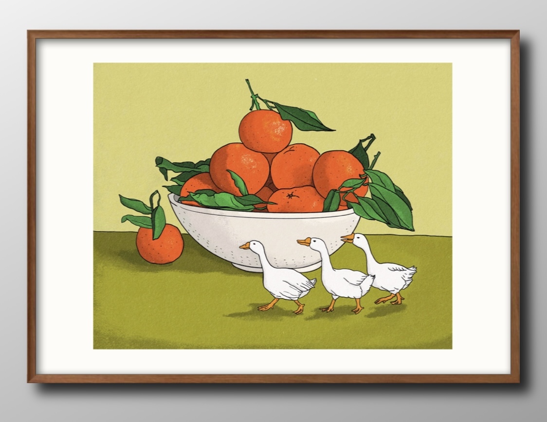14061■免运费！！艺术海报绘画A3尺寸柑橘和鸭子插图斯堪的纳维亚哑光纸, 住宅, 内部的, 其他的