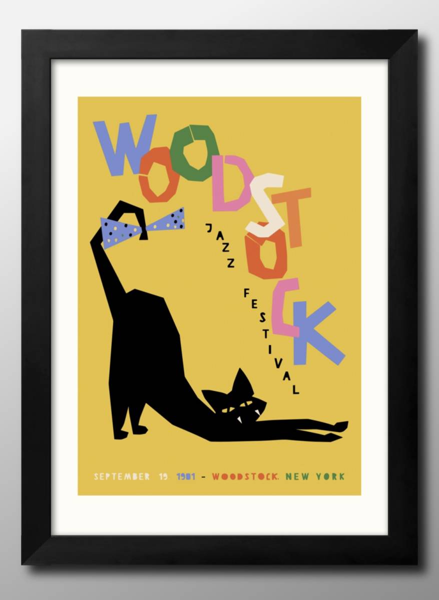 14034■Free shipping!! Art poster painting A3 size Woodstock Jazz Black Cat illustration Nordic matte paper, Housing, interior, others