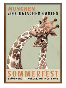 Art hand Auction 9028■Free shipping!! Art poster painting A3 size Munich Zoo, Germany, Giraffe parent and child illustration design Nordic matte paper, Housing, interior, others