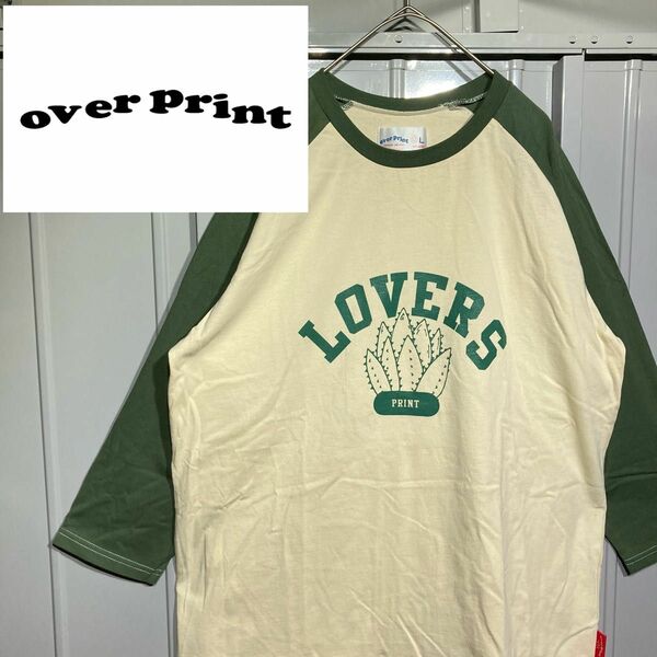 OVER PRINT オーバープリント ラグラン長袖Tシャツ　ロングスリーブ 切り替え カレッジロゴ風 なえなの グリーン L