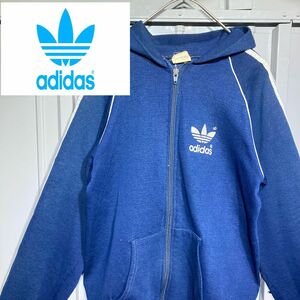 【80s★vintage】adidas アディダス usa製 トイフォイルワンポイントジャージ フルジップパーカー ネイビー XL