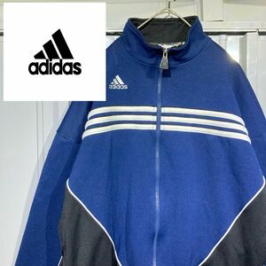 【90s★vintage】adidas アディダス ワンポイントロゴ ストライプ トラックジャケット デサント製 ネイビー XL