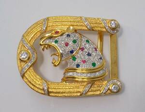 K18 YG 54.5g emerald sapphire ruby total 0.58ct diamond 1.88ct Panther buckle Ostrich belt attaching 