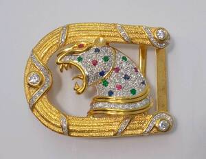 K18 YG 54.5g emerald sapphire ruby total 0.58ct diamond 1.88ct Panther buckle Ostrich belt attaching 