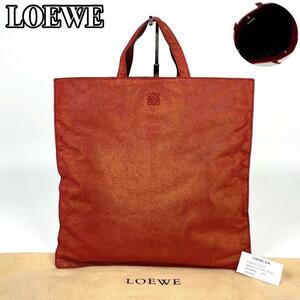 美品●LOEWE ロエベ ハンドバッグ アナグラム ロゴ型押し 腕掛け 裏地総柄 ゴールド金具 レザー キャンバス 赤 メタリック フォーマル A4可