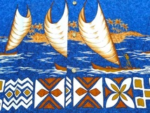 未使用[RJCアールジェイシー]半袖プリントハワイアンシャツS(M)ブルー帆船カヌー柄ハワイ製_画像8