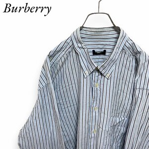 128 バーバリーロンドン　8 古着　スペイン製　ストライプ　長袖シャツ　ブルー　Burberry　london 海外輸入　メンズ