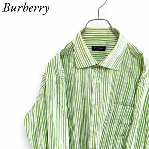 D373 バーバリーロンドン　海外古着　ホースロゴ　ストライプ　長袖シャツ グリーン Burberry London １円　メンズ