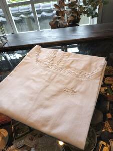  France antique initial embroidery alphabet FC white linen race One-piece!