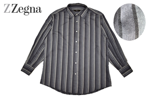 Y-6722★送料無料★美品★Ermenegildo Zegna エルメネジルドゼニア★トルコ製 メンズ グレー系 ストライプ 織生地 長袖 ドレス シャツ ＸＬ